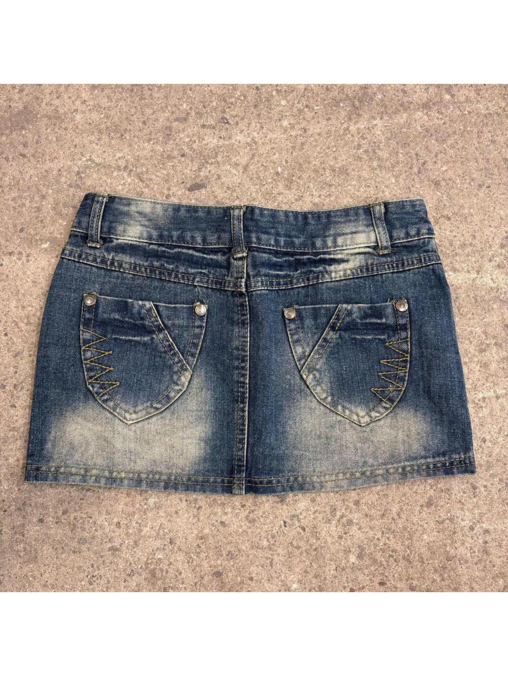Vintage Y2K Denim Micro Mini Skirt Low Rise Sandblasted Sailor Panel - Picture 2 of 6